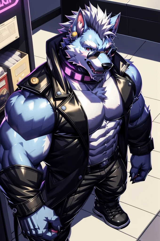 solo, anthro, furry, furry male, wolf, ((fluffy fur, fluffy, furry body)), (wolf print), red eyes, hair tuft, long hair, (light blue body, blue body, muscles), wolf tail, ((white hair, mohawk hair)), (white muzzle, white forearms), Camera Recording POV, Camera POV, security footage pov, phone in hand, detailed fluffy fur, detailed face, detailed eyes, puffy arctic coat, black coat, black coat cropped, puffy coat, winter coat, cropped coat, sunglasses, aviator sunglasses, black trousers, gold earring, tight clothes, white shoes, black aviator sunglasses, smaller arms (full body, round ass, fluffy ass, Red LED glowing collar), cyberpunk, valorant,(by DRKS, by raccoon21, by Sollyz, by null-ghost, masterpiece, high quality,hi res,8k hd), close-view portrait, looking at viewer, indoors, changing room, clothing store, cute face, open mouth, teeth, detailed teeth, grinning expression, camera view angled from above, heavy shadows, athletic build, full body,