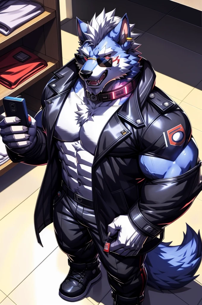 solo, anthro, furry, furry male, wolf, ((fluffy fur, fluffy, furry body)), (wolf print), red eyes, hair tuft, long hair, (light blue body, blue body, muscles), wolf tail, ((white hair, mohawk hair)), (white muzzle, white forearms), Camera Recording POV, Camera POV, security footage pov, phone in hand, detailed fluffy fur, detailed face, detailed eyes, puffy arctic coat, black coat, black coat cropped, puffy coat, winter coat, cropped coat, sunglasses, aviator sunglasses, black trousers, gold earring, tight clothes, white shoes, black aviator sunglasses, smaller arms (full body, round ass, fluffy ass, Red LED glowing collar), cyberpunk, valorant,(by DRKS, by raccoon21, by Sollyz, by null-ghost, masterpiece, high quality,hi res,8k hd), close-view portrait, looking at viewer, indoors, changing room, clothing store, cute face, open mouth, teeth, detailed teeth, grinning expression, camera view angled from above, heavy shadows, athletic build, full body,