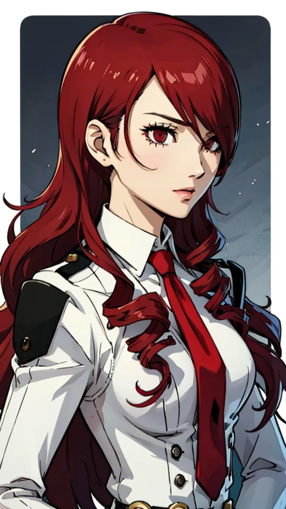 1 female, medium breast, Mitsuru kirijo, face portrait, black suit, tie, red eyes, long hair, hair over one eye , hair over one eye