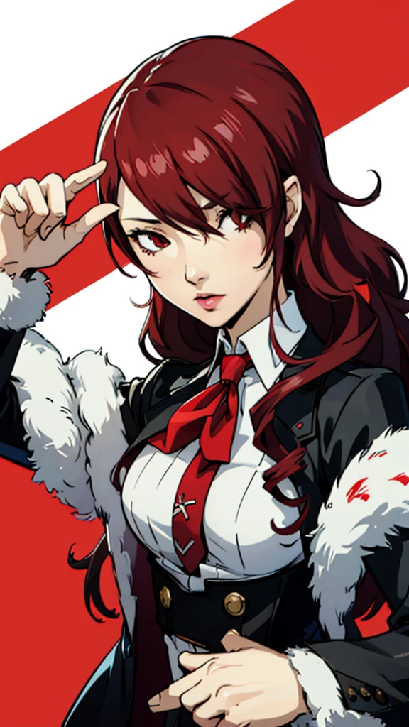 1 female, medium breast, Mitsuru kirijo, face portrait, black suit, tie, red eyes, long hair, hair over one eye , hair over one eye
