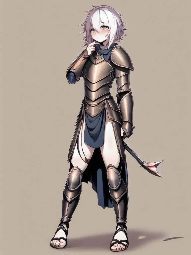 cute, shy, wearing full body plate armor, gladiator skirt, gladiator sandals, humanoid feet,  holding a spear, nosebleed,bloody nose
