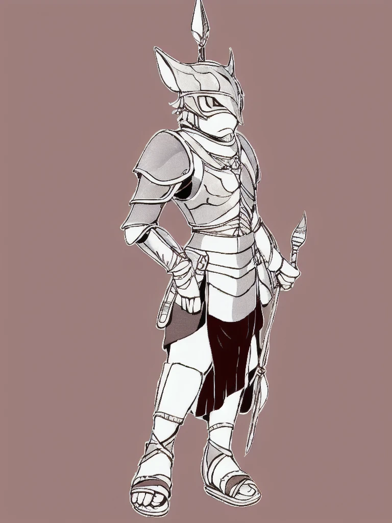 cute, shy, wearing full body plate armor, gladiator skirt, gladiator sandals, humanoid feet,  holding a spear, nosebleed,bloody nose
