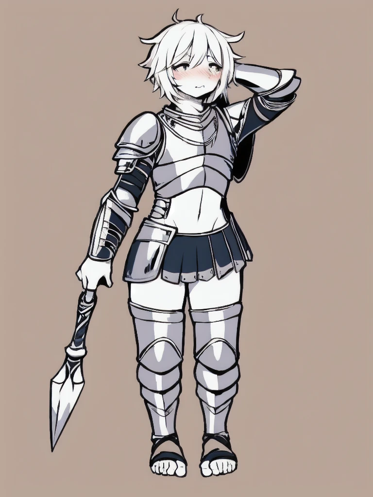 cute, shy, wearing full body plate armor, gladiator skirt, gladiator sandals, humanoid feet,  holding a spear, nosebleed,bloody nose
