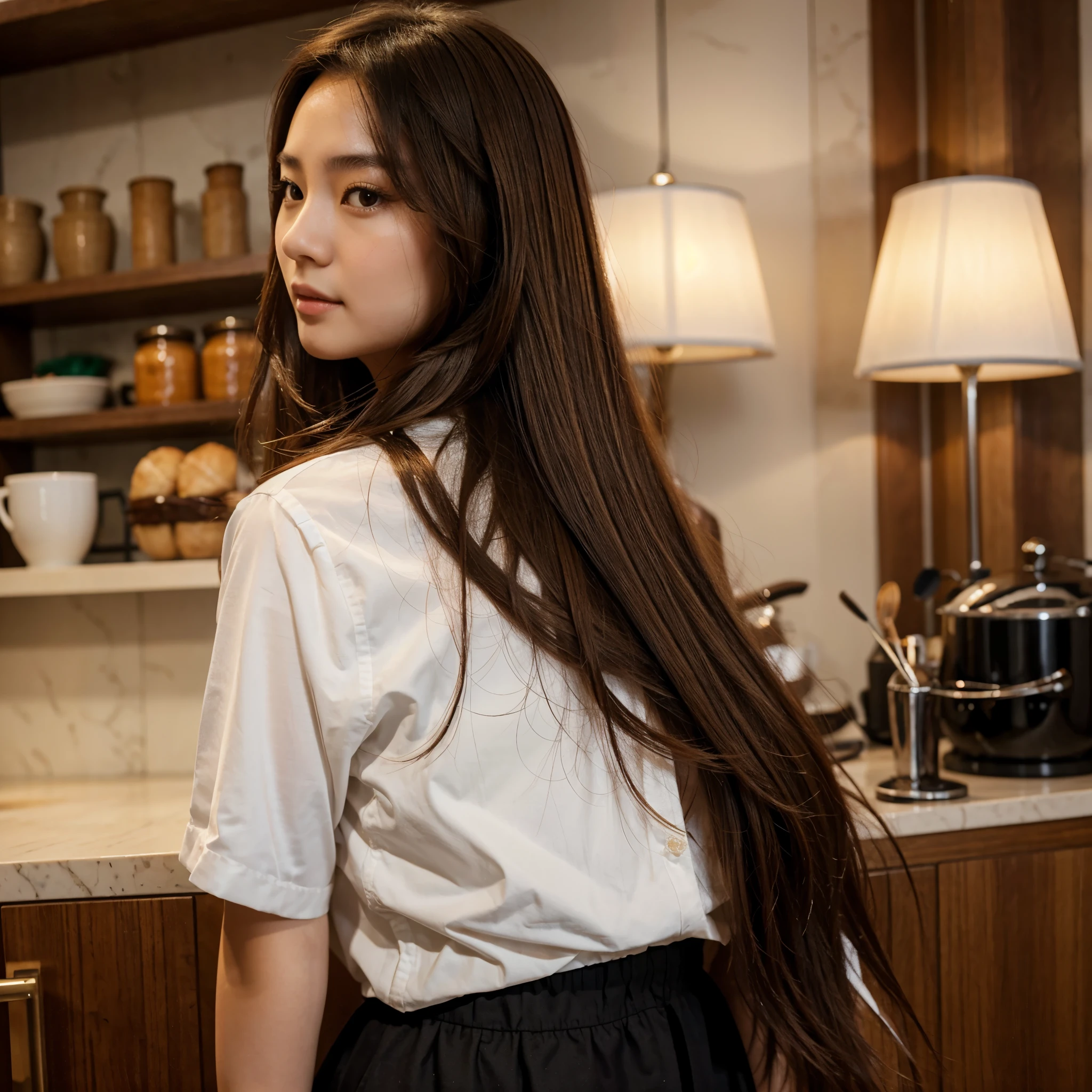 Chinese girl with big and long brown hair