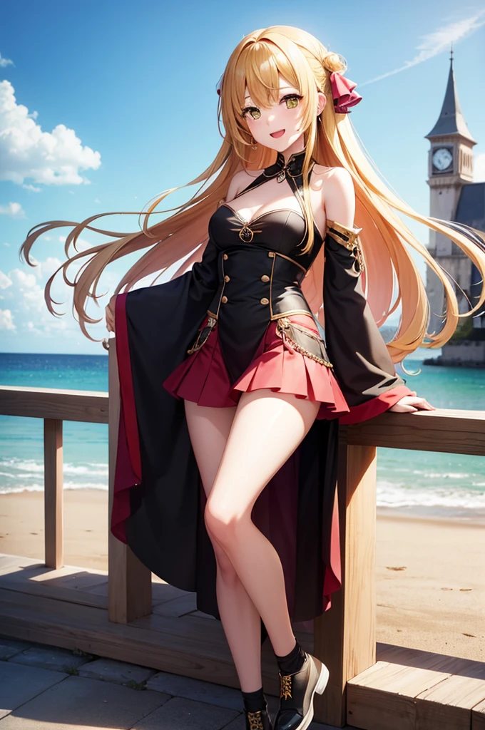 anime、最high quality, high quality, 8K、High resolution,Highest quality、solo、A gentle 28-year-old lady、The background of vibrant overseas markets、Thighs、Miniskirt、tall、Long limbs、solo、Laughing with mouth open、Yellow-green long hair、Yellow Eyes、anime