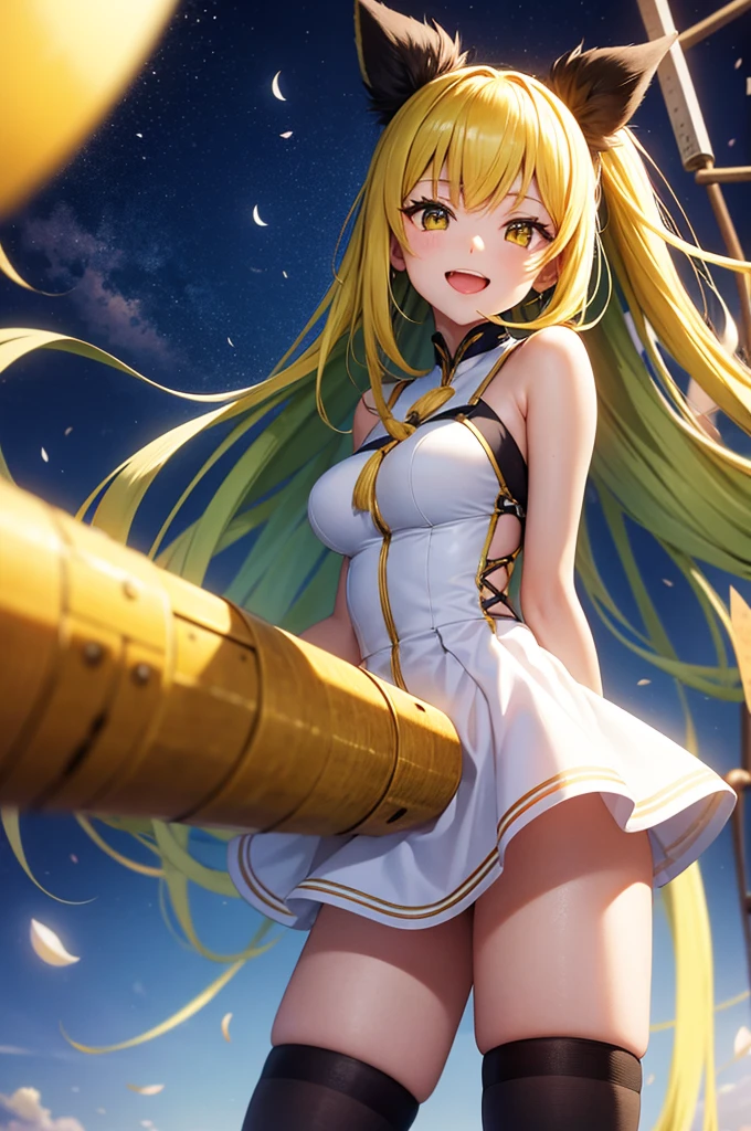 anime、最high quality, high quality, 8K、High resolution,Highest quality、solo、A gentle 28-year-old lady、The background of vibrant overseas markets、Thighs、Miniskirt、tall、Long limbs、solo、Laughing with mouth open、Yellow-green long hair、Yellow Eyes、anime