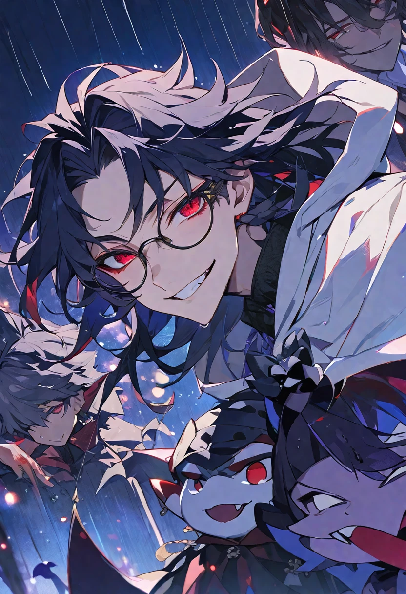 独奏, handsome,
1 male,
long hair,straight hair,Braided black hair, devil,
red eyes, Gojo Satoru,casual, King, Prince,cloak ,black court,cool,smile ,Round Glasses,Put on the hood,rain, night,moonlight,vampire,BLOOD,pierrot,
black background,look up,Face close-up