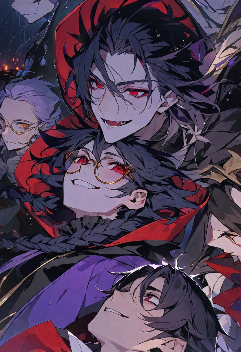 独奏, handsome,
1 male,
long hair,straight hair,Braided black hair, devil,
red eyes, Gojo Satoru,casual, King, Prince,cloak ,black court,cool,smile ,Round Glasses,Put on the hood,rain, night,moonlight,vampire,BLOOD,pierrot,
black background,look up,Face close-up
