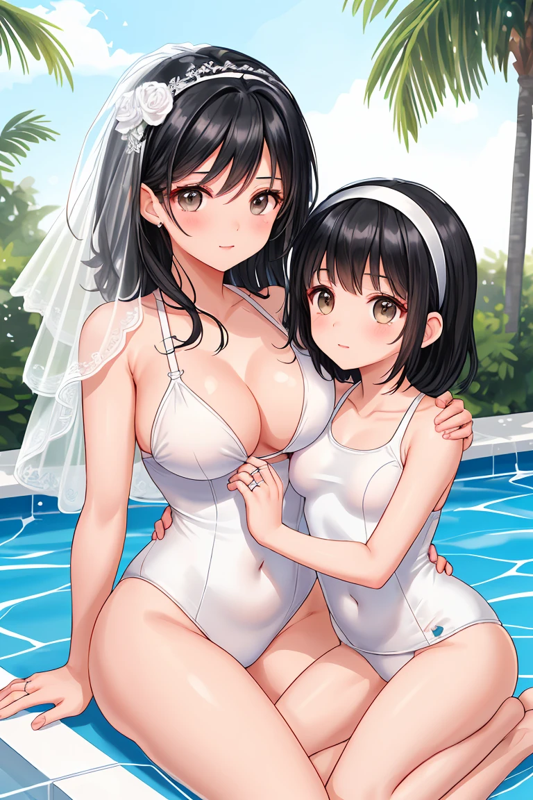 Beauty mother-in-law　Black Hair　Mother and daughter have beautiful breasts　hair band　wedding ring　White swimsuit　Pool