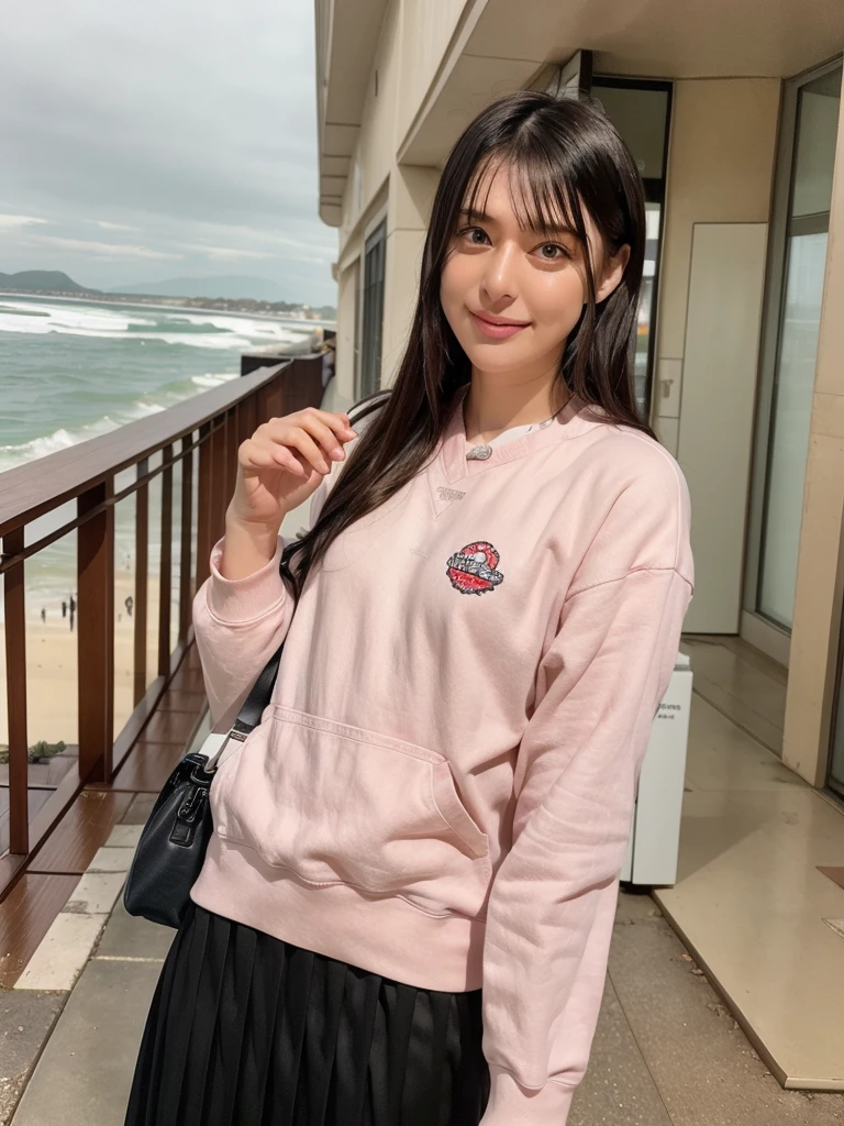 rie,One Woman,(best quality), (ultra detailed), (absolutely resolution),Face is front, 24-years-old, Poses that accentuate the buttocks, Sweatshirt and pleated skirt, The color of the dress is coral pink, The pattern on the clothes is botanical, Brown Hair, Shonan coastline at dusk