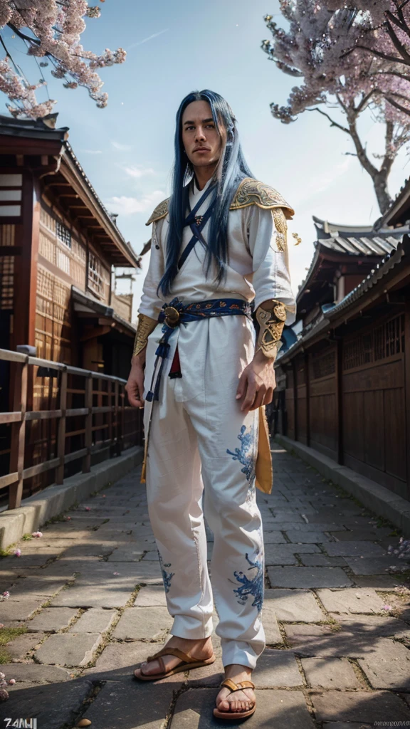 A man with long blue hair and blue eyes, wearing a Demon Slayer costume, white haori with golden dragon pattern, loose traditional samurai-style pants, white socks with golden dragon pattern, blue sandals, carrying a red Nichirin sword on his left waist, standing on a bridge under moonlight with a Fuji blossom tree in the background, (best quality,4k,8k,highres,masterpiece:1.2),ultra-detailed,(realistic,photorealistic,photo-realistic:1.37),intricate details,dramatic lighting,vibrant colors,digital painting,studio lighting,ultra-fine painting,sharp focus,physically-based rendering,professional,vivid colors,bokeh