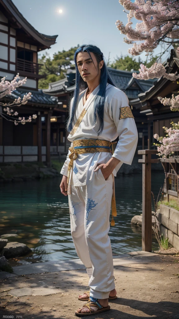 A man with long blue hair and blue eyes, wearing a Demon Slayer costume, white haori with golden dragon pattern, loose traditional samurai-style pants, white socks with golden dragon pattern, blue sandals, carrying a red Nichirin sword on his left waist, standing on a bridge under moonlight with a Fuji blossom tree in the background, (best quality,4k,8k,highres,masterpiece:1.2),ultra-detailed,(realistic,photorealistic,photo-realistic:1.37),intricate details,dramatic lighting,vibrant colors,digital painting,studio lighting,ultra-fine painting,sharp focus,physically-based rendering,professional,vivid colors,bokeh
