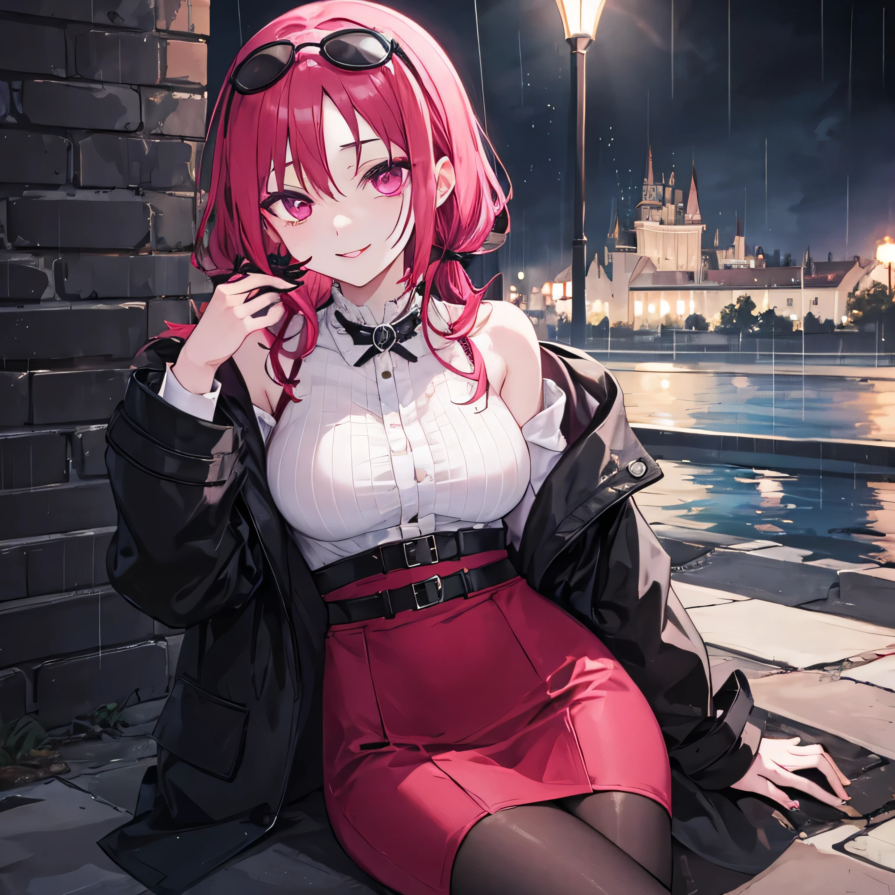 rainy night satanichia mcdowell dressed in goth and a dark coat and sitting with a smile on her lips, outside a castle semi-long magenta hair and magenta eyes and putting sunglasses on his forehead