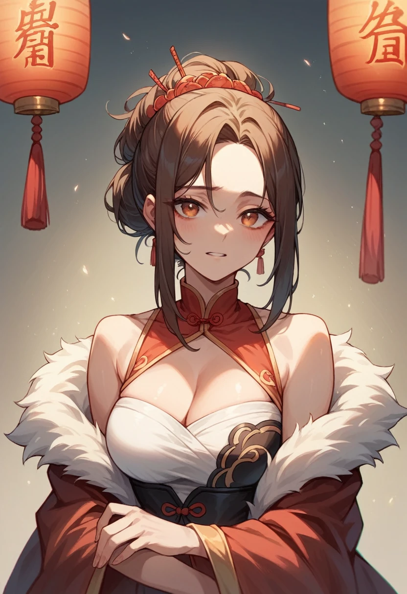 Chinese girl with big  and long brown hair 