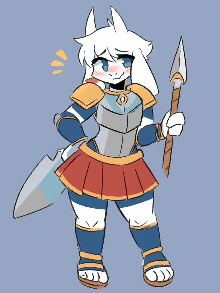 1girl, furry, furry_female, goat_ears, goat_girl, smile, solo, cute, shy, wearing full body plate armor, gladiator skirt, gladiator sandals, humanoid feet, holding a spear, nosebleed,bloody nose
