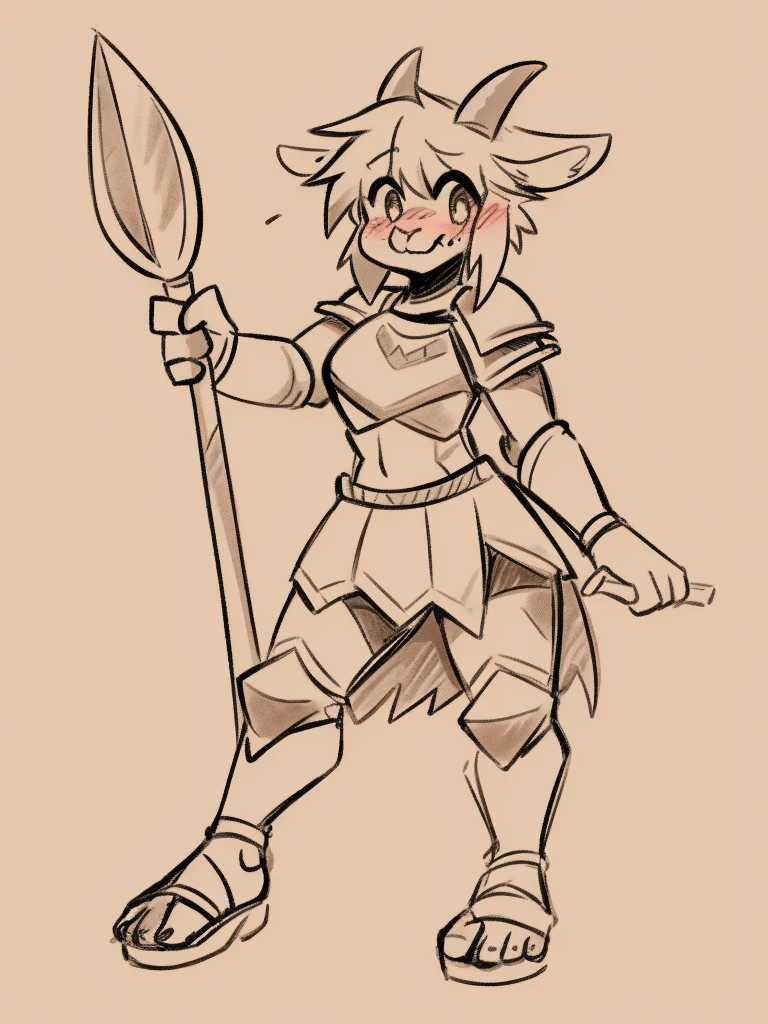 1girl, furry, furry_female, goat_ears, goat_girl, smile, solo, cute, shy, wearing full body plate armor, gladiator skirt, gladiator sandals, humanoid feet, holding a spear, nosebleed,bloody nose