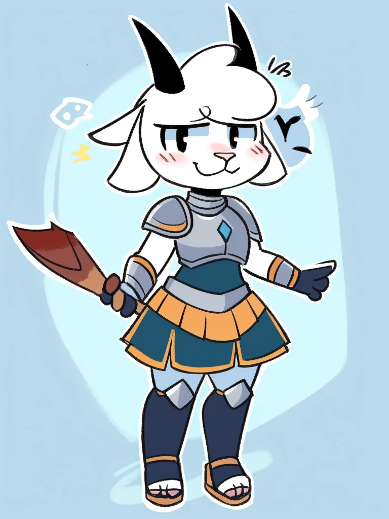 1girl, furry, furry_female, goat_ears, goat_girl, smile, solo, cute, shy, wearing full body plate armor, gladiator skirt, gladiator sandals, humanoid feet, holding a spear, nosebleed,bloody nose