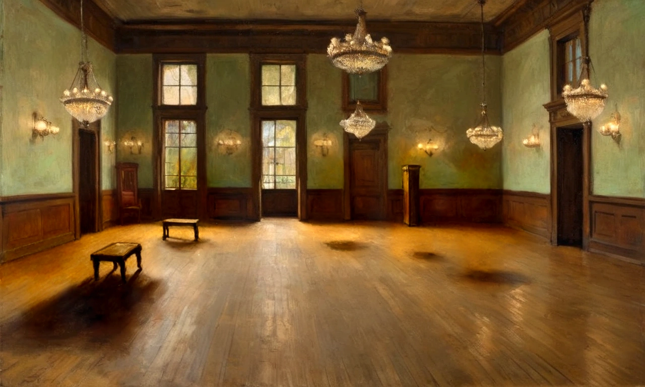 painting of a room with a chandelier in the middle, in a large dance hall, painting of a room, empty dance hall, with bars, wooden floor, chandeliers, empty room, by edgar degas painting