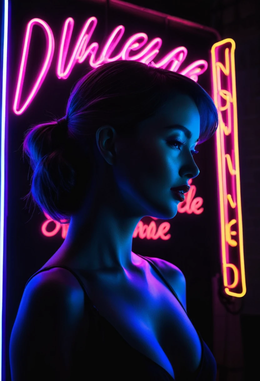 Side face silhouette,Shadow of beautiful woman under neon sign,Huge neon signboard,(Neon sign with text:1.5)