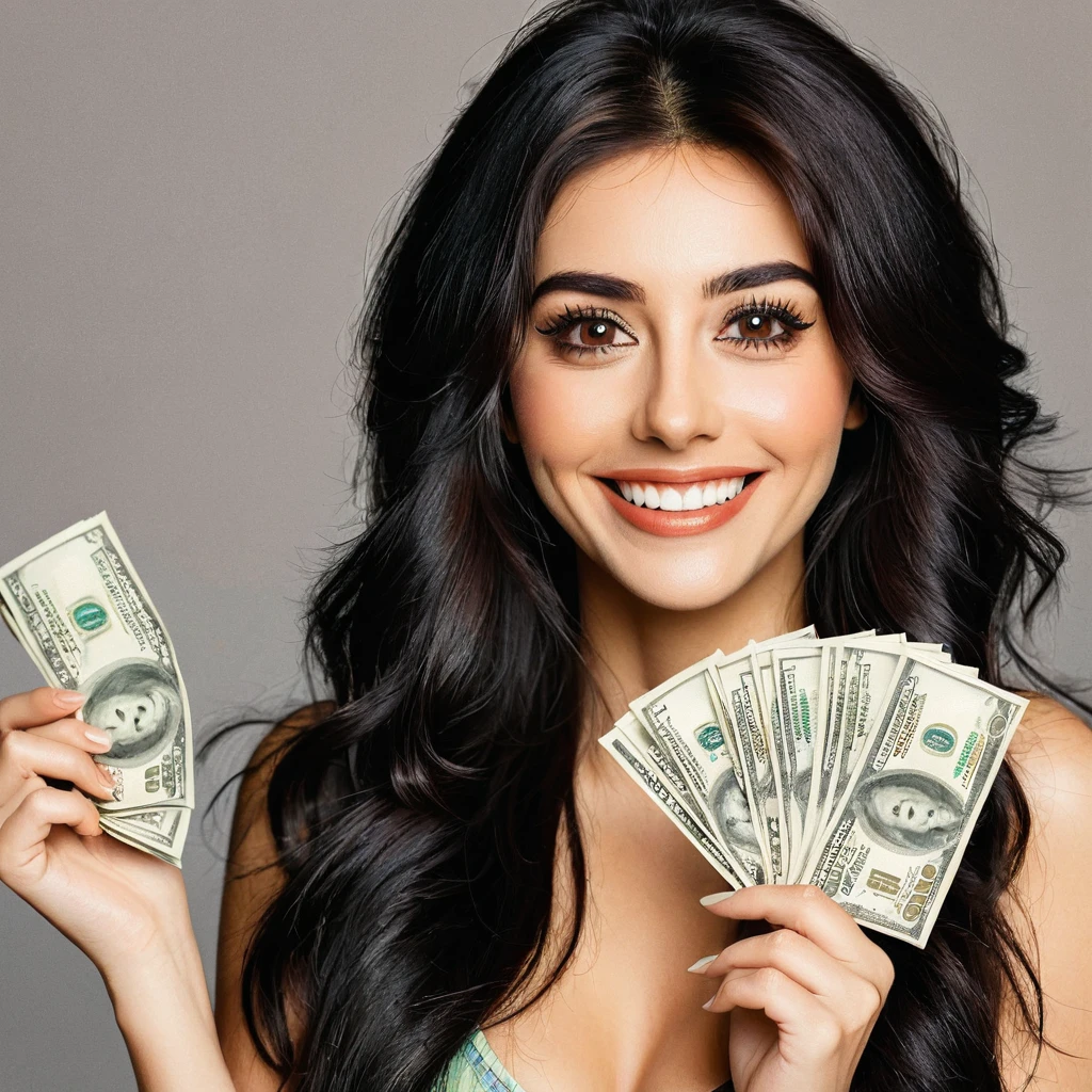 bearded woman beautiful shaggy beard, black hair, brown eyes, eyeliner, proud smile, seductive look, hold a load of dollar bills
