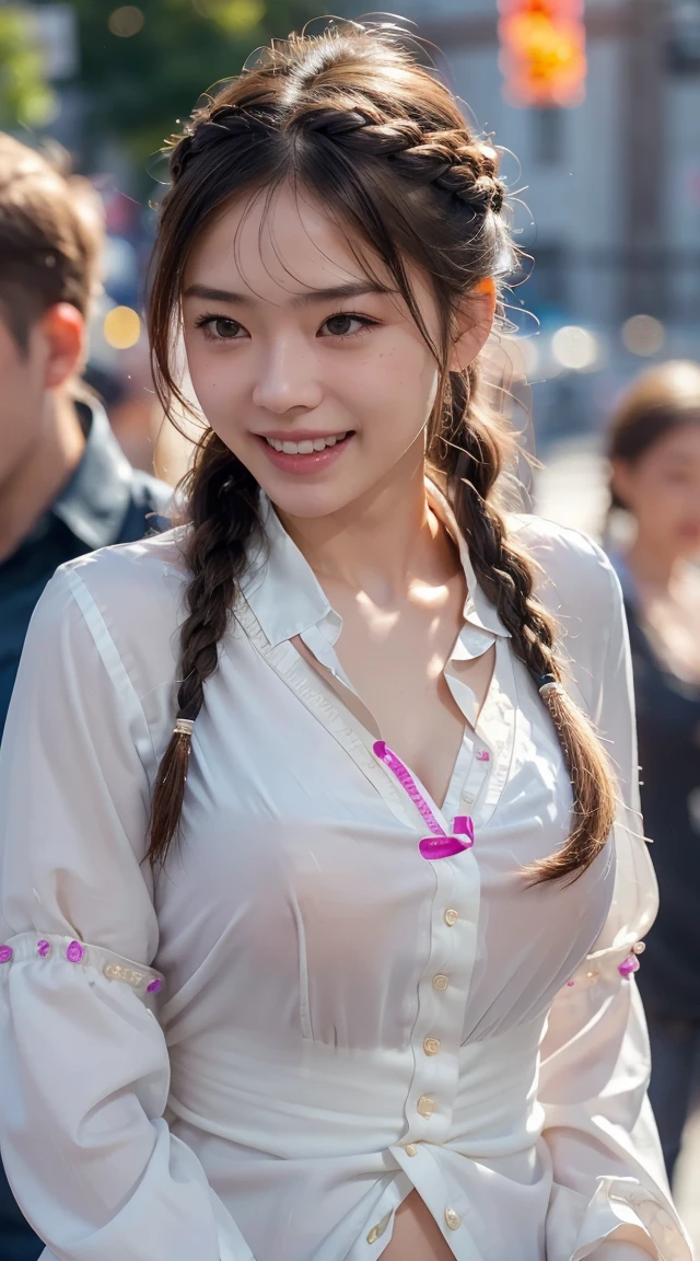 Highest quality, Realistic, 1peopleの女の子, woman,(Skin Dentition), nude,Mid-chest, (bright), (Professional Lighting, Bokeh), (street), people々, crowd, Braided bangs, (blouse:1.5), (I wore:0.8), nice, bloom, Floating Hair, (Dynamic pose:0.6) , Soft lighting, ,((( She is being made to cum)))