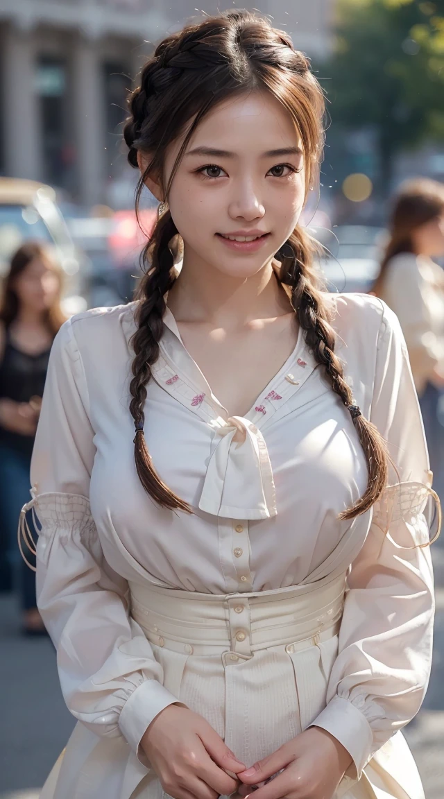 Highest quality, Realistic, 1peopleの女の子, woman,(Skin Dentition), nude,Mid-chest, (bright), (Professional Lighting, Bokeh), (street), people々, crowd, Braided bangs, (blouse:1.5), (I wore:0.8), nice, bloom, Floating Hair, (Dynamic pose:0.6) , Soft lighting, ,((( She is being made to cum)))
