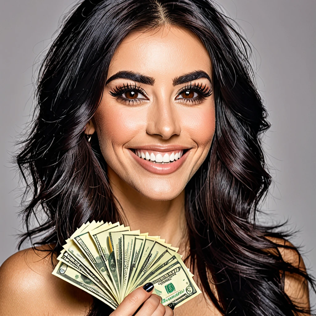 bearded woman beautiful shaggy beard, black hair, brown eyes, eyeliner, proud smile, seductive look, hold a load of dollar bills