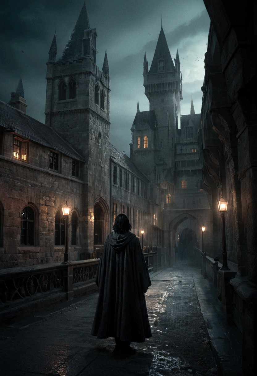 a young student severus snape, hogwarts castle, raising an army of undead, dark fantasy, moody dramatic lighting, cinematic composition, highly detailed, photorealistic, 8k, intricate details, dramatic atmosphere, gothic architecture, ominous mood, dynamic pose, intense expression, flowing robes, wand casting spell, mystical energy, haunting ambience, chiaroscuro lighting, dramatic shadows, grim and foreboding
