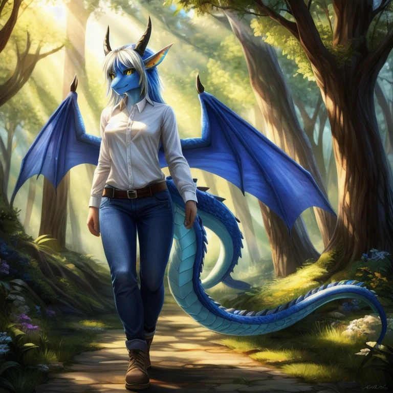 Masterpiece, best quality, high quality, fantasy forest, sunny day, Blue anthro dragon girl, blue scales, dragon wings and tail, horns, Yellow eyes, beautiful eyes, wears white shirt and black famer jeans, walking, sunny day