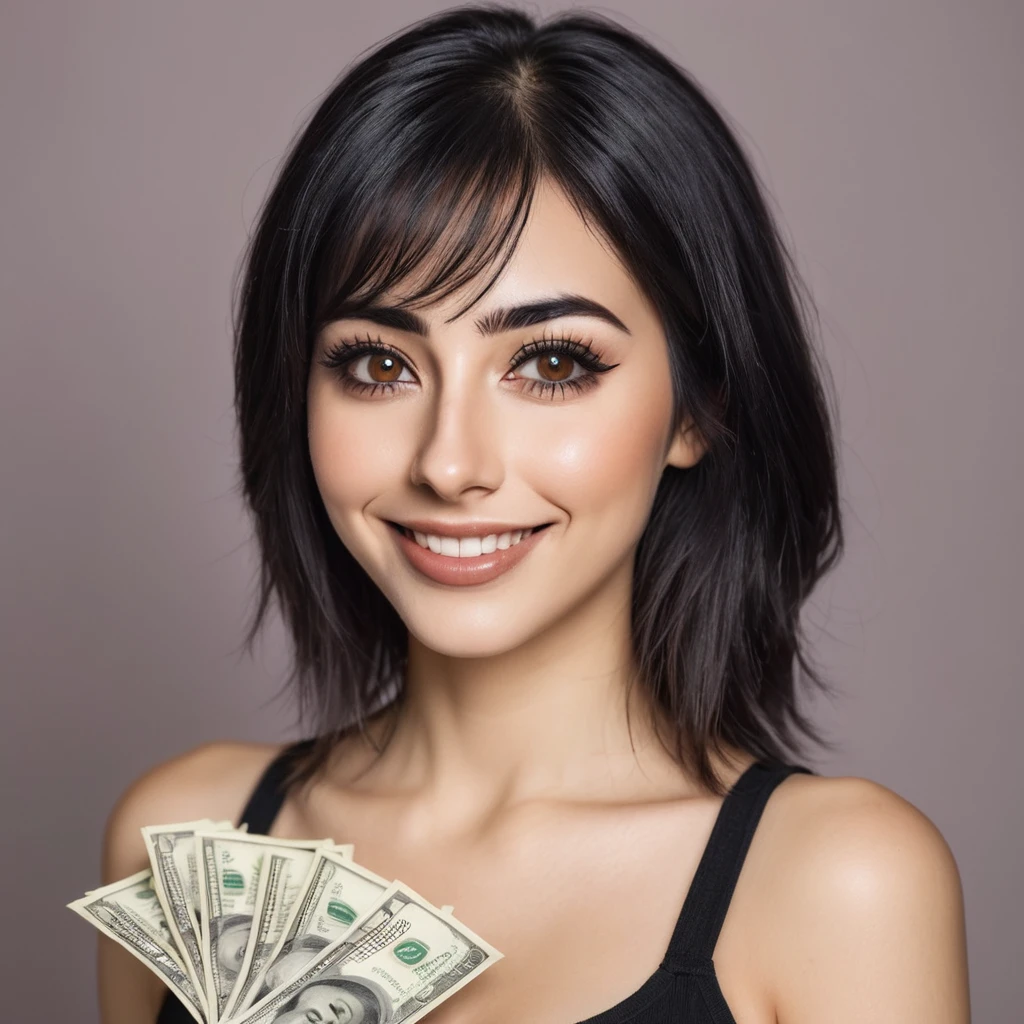 bearded woman beautiful shaggy beard, black hair, brown eyes, eyeliner, proud smile, seductive look, hold a load of dollar bills