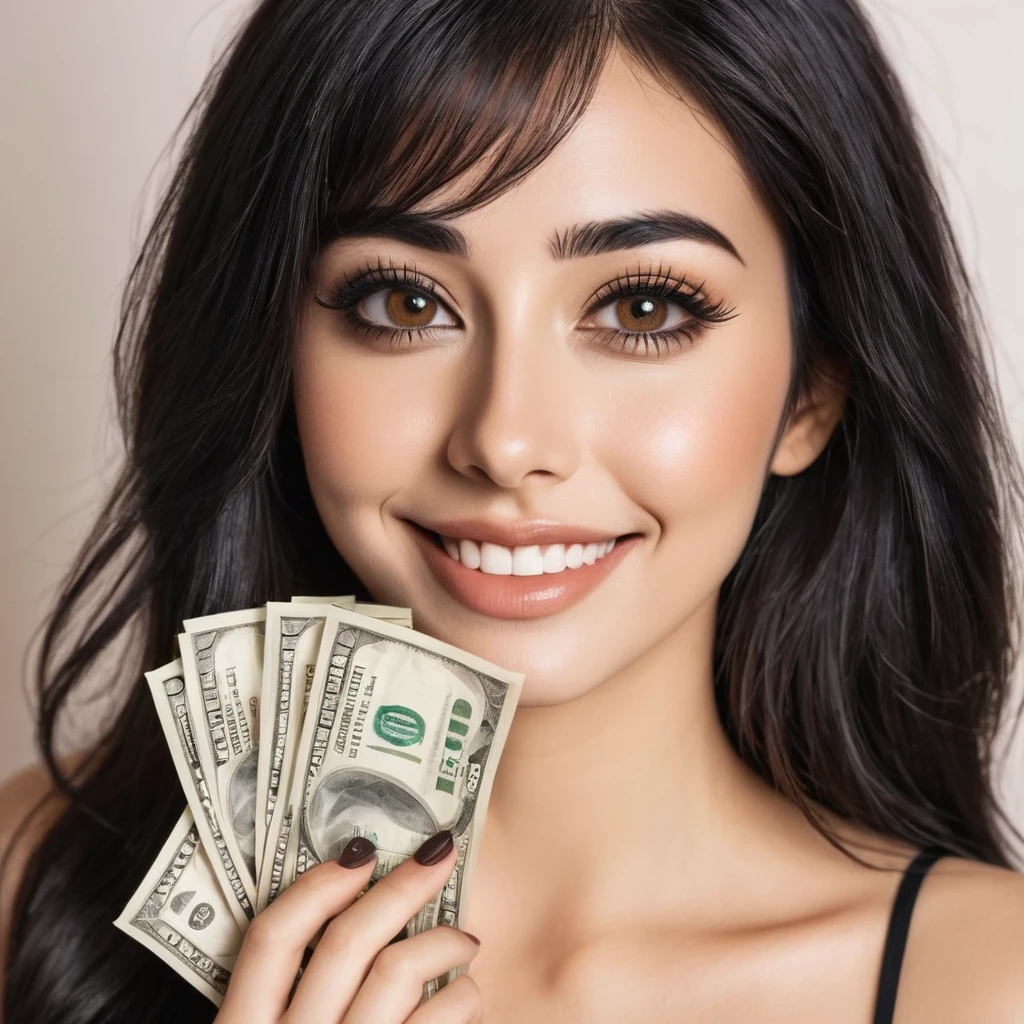 
bearded woman beautiful shaggy beard, black hair, brown eyes, eyeliner, proud smile, seductive look, hold a load of dollar bills