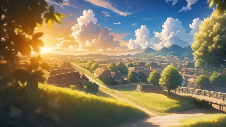 Realistic anime style　Country town　Cityscape with the sun setting　Your shadow fades away　