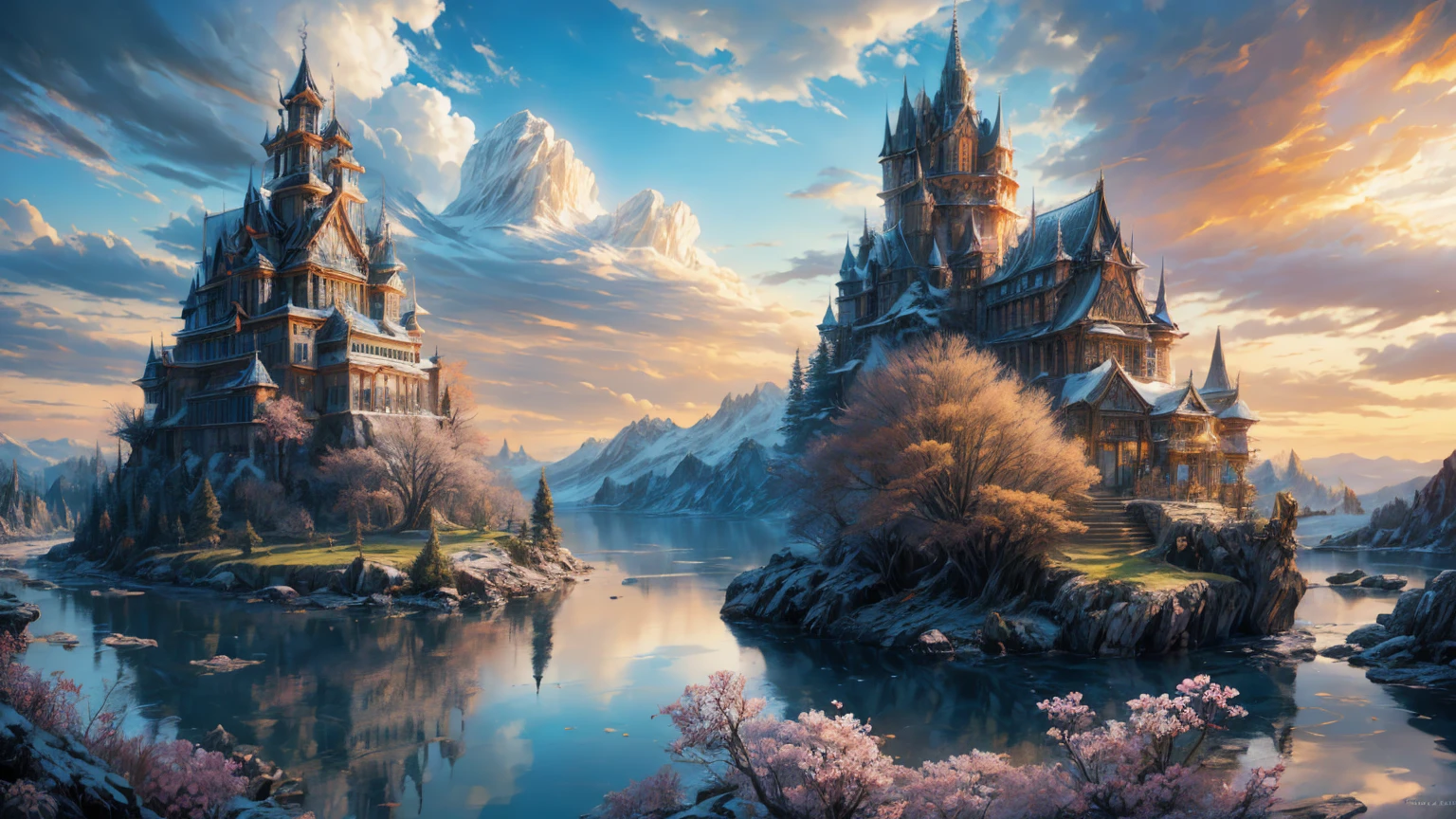 an epic fantasy: Imagine and draw an epic fantasy scenes, Rin々Wolf, Hall々A magnificent castle and amazing landscapes. Let your imagination run wild、Create a fantastical world full of adventure and mystery.Floating Island,waterfall,reflection,mysterious,Flower Field,blue sky,cloud