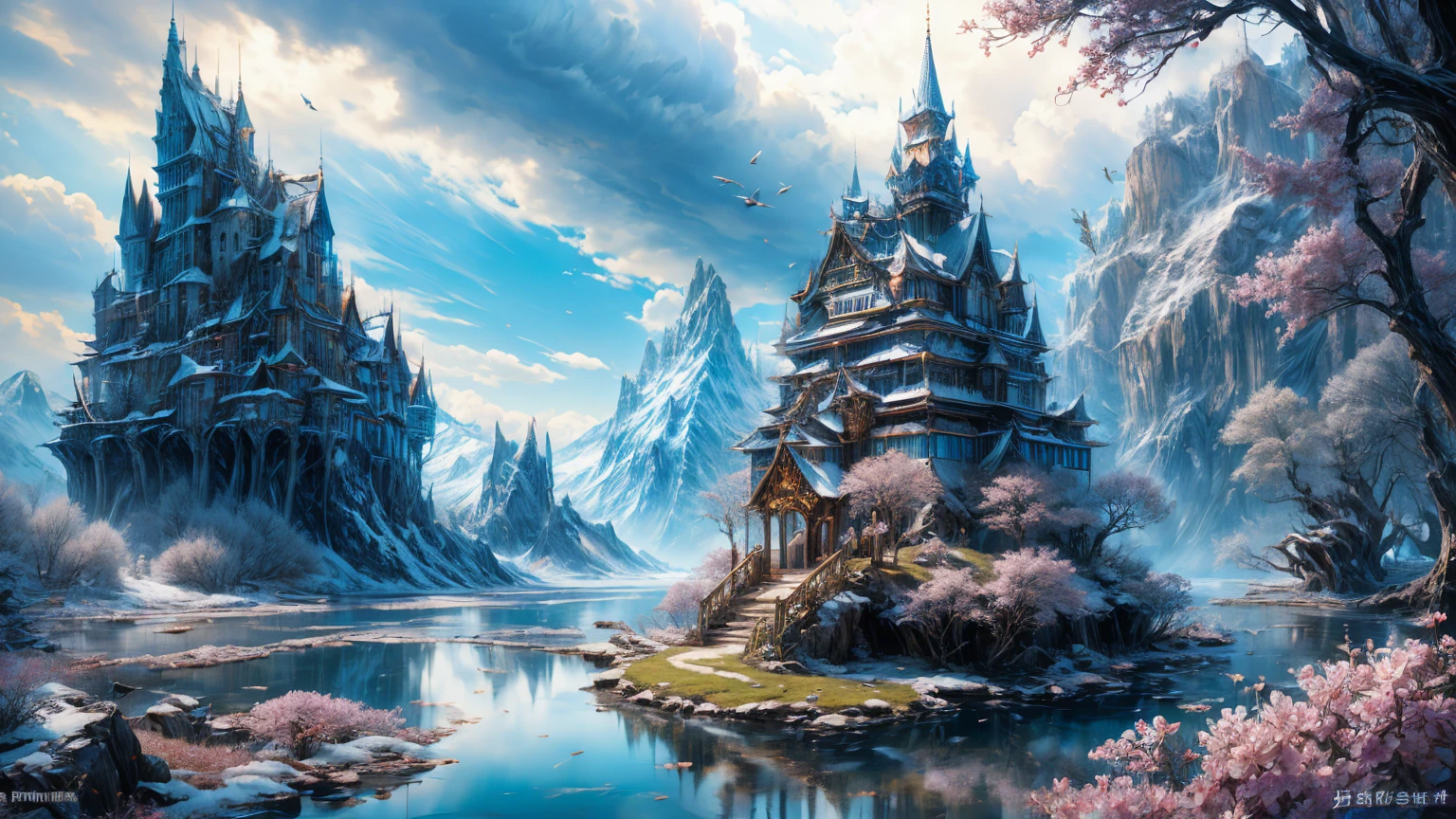 an epic fantasy: Imagine and draw an epic fantasy scenes, Rin々Wolf, Hall々A magnificent castle and amazing landscapes. Let your imagination run wild、Create a fantastical world full of adventure and mystery.Floating Island,waterfall,reflection,mysterious,Flower Field,blue sky,cloud