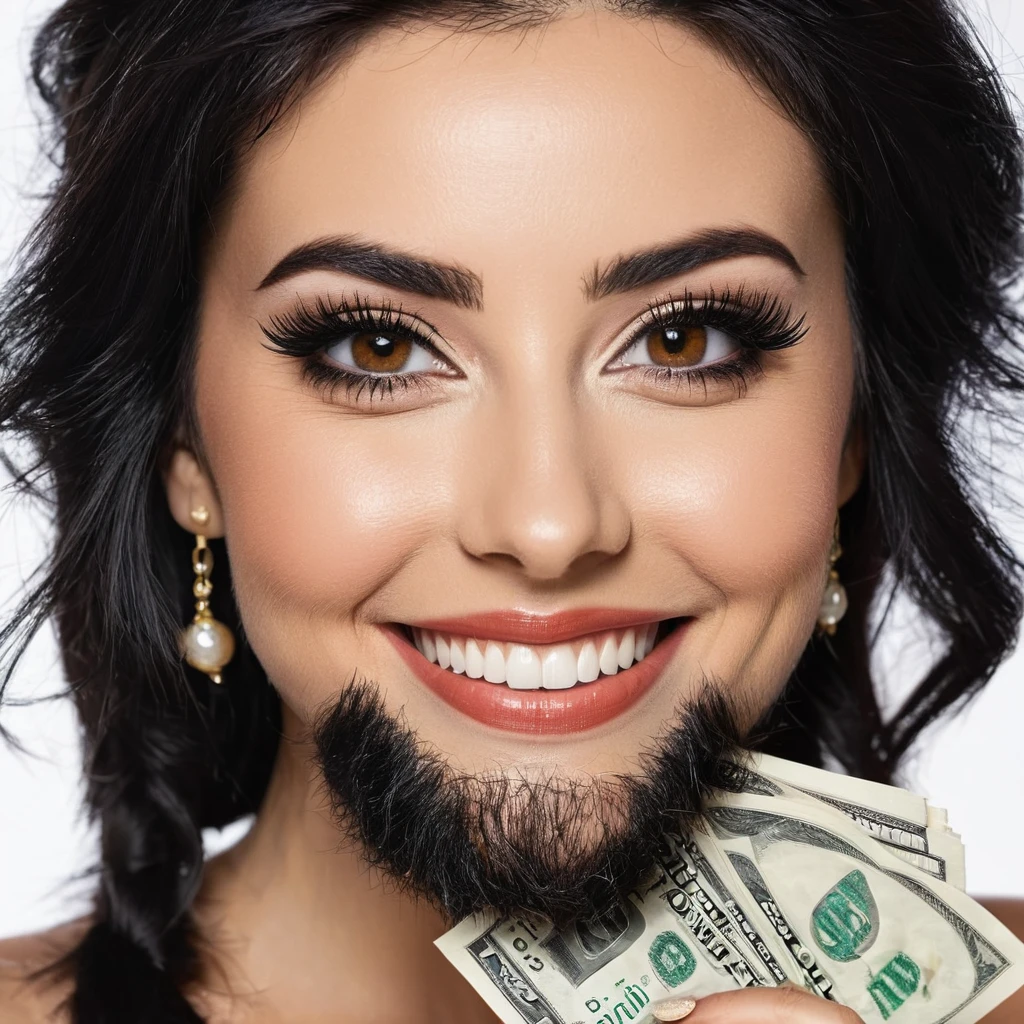 bearded woman beautiful shaggy beard, black hair, brown eyes, eyeliner, proud smile, seductive look, hold a load of dollar bills
