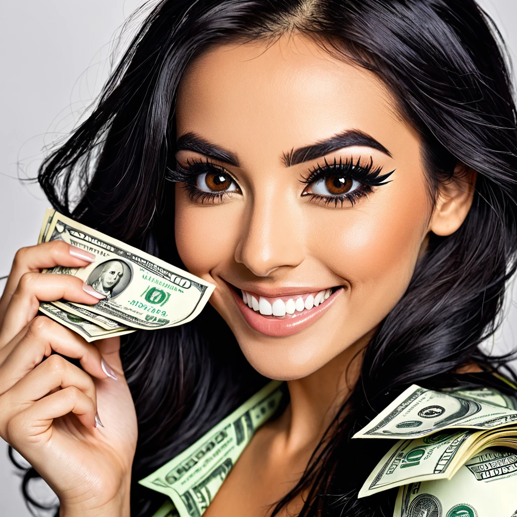 
bearded woman beautiful shaggy beard, black hair, brown eyes, eyeliner, proud smile, seductive look, hold a load of dollar bills