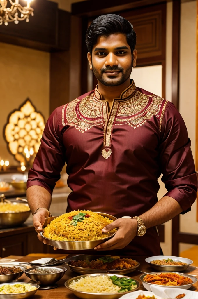 A man in traditional Indian attire, enjoying a big plate of biryani.