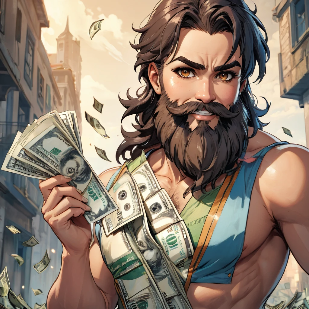 bearded woman beautiful shaggy beard, black hair, brown eyes, eyeliner, proud smile, seductive look, hold a load of dollar bills