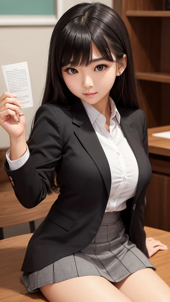 ((high quality)), ((Tabletop)), (Detailed face), (highlight), Asian Girl、Big breasts、thigh、Black Hair、Heavy bangs、high school girl、skirt、blazer、