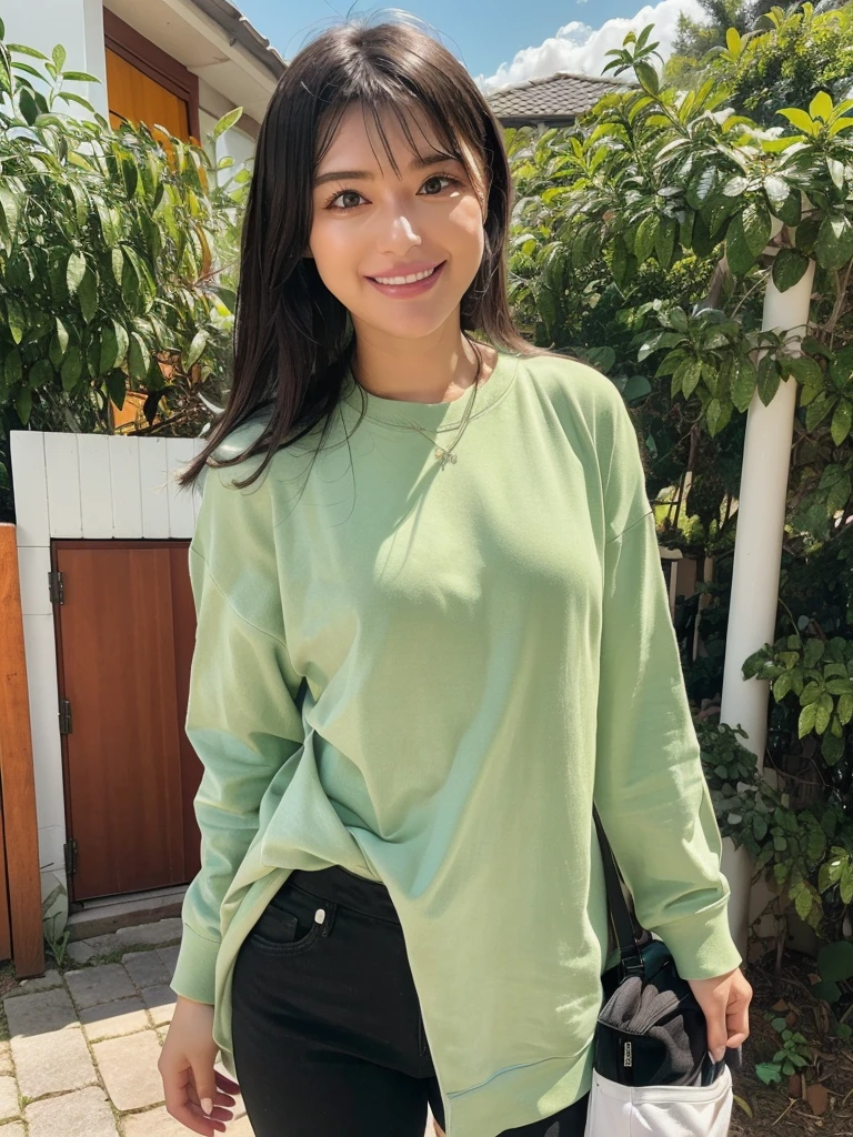 rie,One Woman,(best quality), (ultra detailed), (absolutely resolution),Face is front, 20-year-old, Arch your back, Blazer and skinny pants, The color of the dress is emerald green., The pattern on the clothes is botanical, Black Hair, smile, Tateshina Plateau in Summer、A highland resort with blue skies and green grasslands