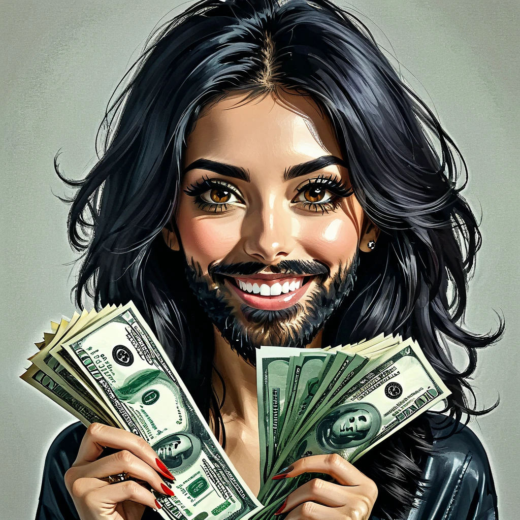 
bearded woman beautiful shaggy beard, black hair, brown eyes, eyeliner, proud smile, seductive look, hold a load of dollar bills