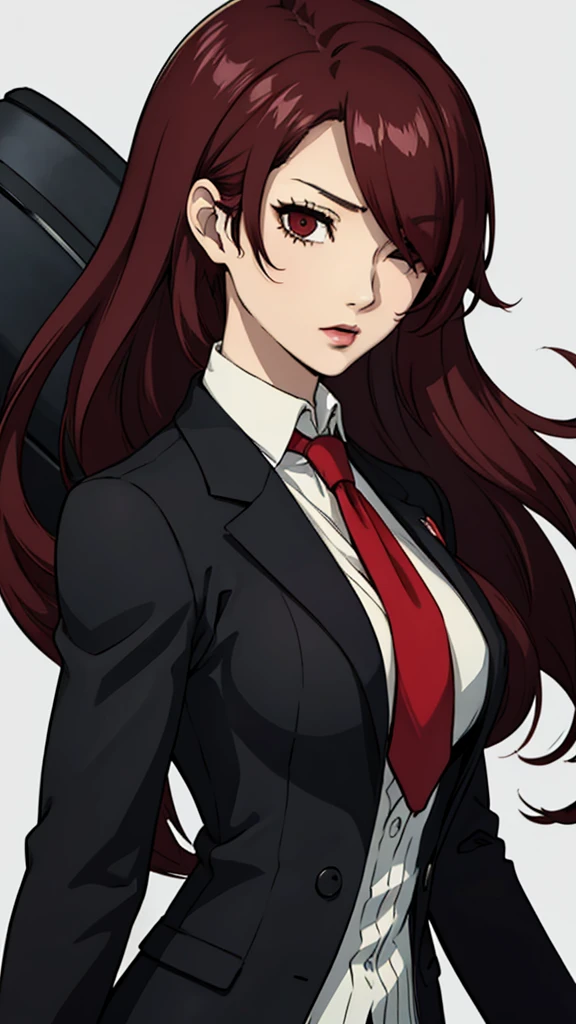1 female, medium breast, Mitsuru kirijo, face portrait, black suit black suit, tie, red eyes, long hair, hair over one eye , hair over one eye, lipstick