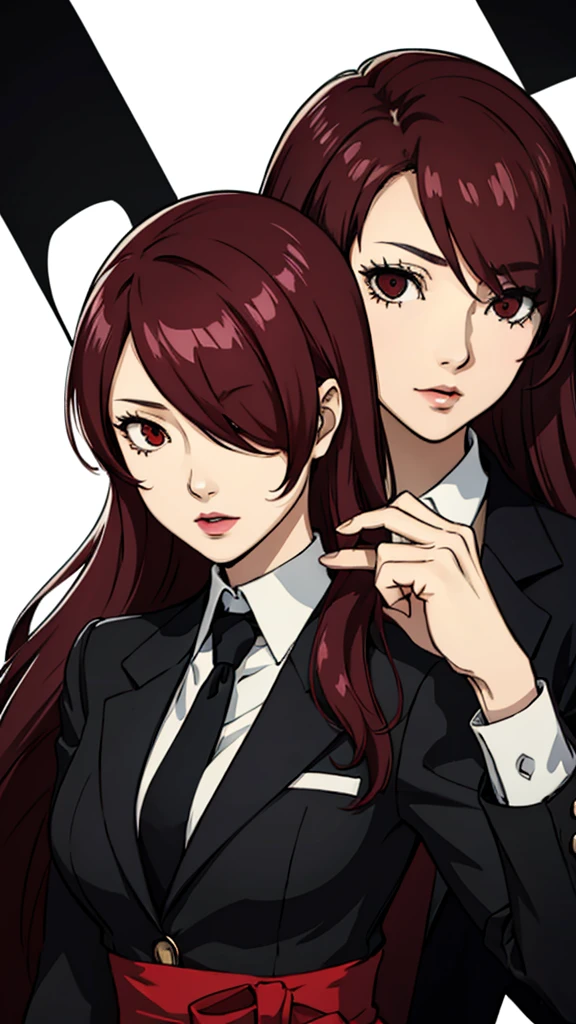 1 female, medium breast, Mitsuru kirijo, face portrait, black suit black suit, tie, red eyes, long hair, hair over one eye , hair over one eye, lipstick