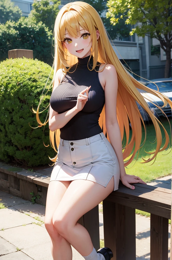 anime、最high quality, high quality, 8K、High resolution,Highest quality、solo、A gentle and mature lady、The background of vibrant overseas markets、Thighs、Miniskirt、tall、Long limbs、solo、Laughing with mouth open、Yellow-green long hair、Yellow Eyes、anime