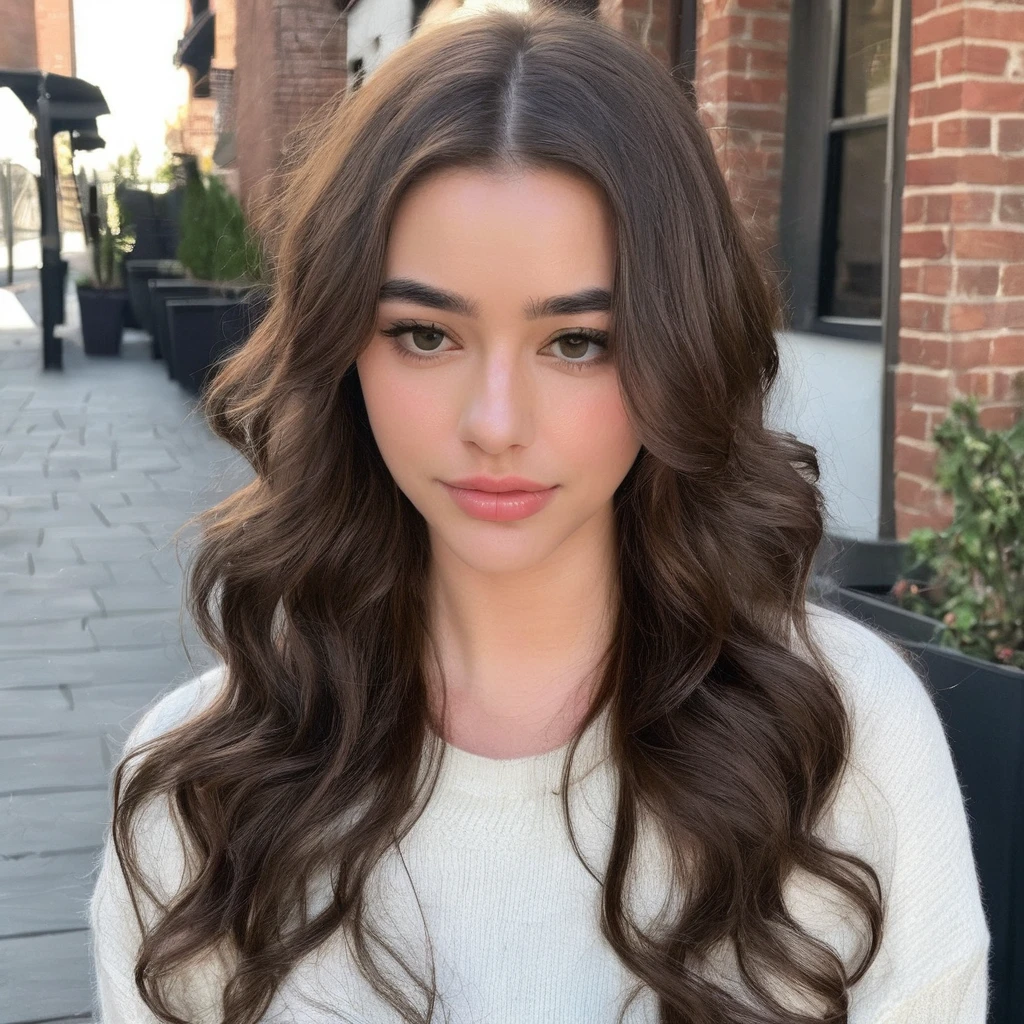 make brown hair with a light curl and more relaxed clothes