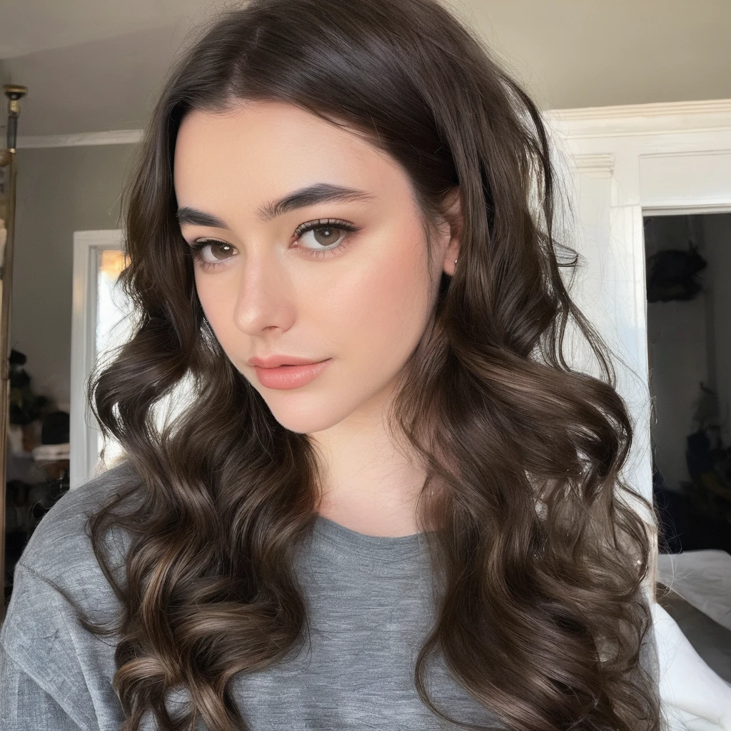 make brown hair with a light curl and more relaxed clothes