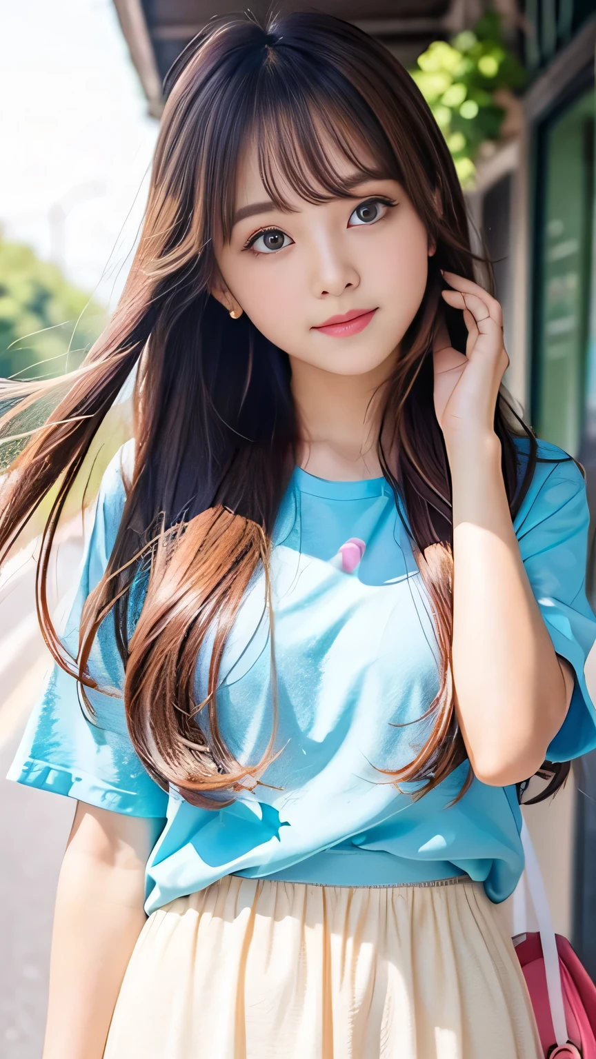 Sunburn marks on tanned skin、blush、Multicolored hair color、Bangs on the face、Bangs between the eyes、Super long hair、Beautiful bright transparent light blue big eyes that are charming and shining、A cute 16-year-old girl with a cute look, A strong wind blows my hair in front of my face、Beautiful big sparkling eyes, Cute eyes hidden by long bangs、Yawn、No visible nasolabial folds、A short, light-colored miniskirt、A cute and colorful summer shirt、Korean Beauty、Dark blush on the cheeks