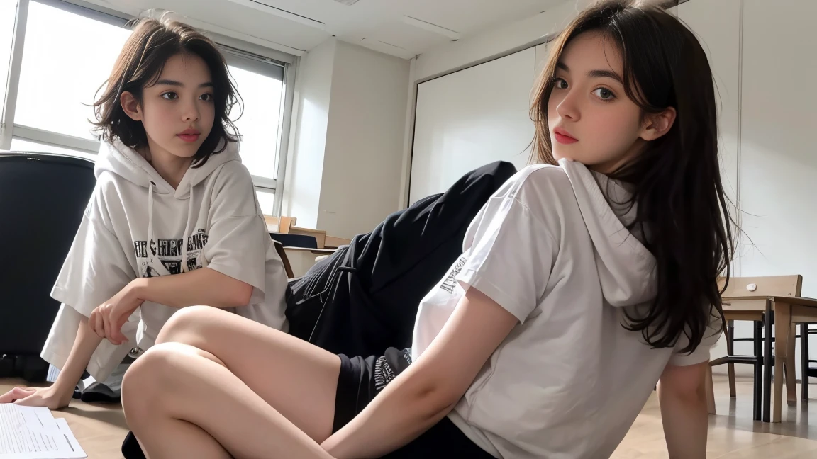 deux femmes ensemble de 18 ans sexy et mince ,short sleeve hoodie , jambe visible , se touche,salle de classe,position sensuel