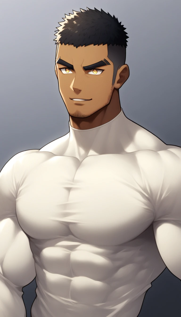 Leave one half blank, anime characters:Gyee, Muscle Sports Student, ????? black skin, 1 dark skin muscular tough guy, Manliness, male focus, Light yellow high collar long sleeve tight T-shirt, Slightly transparent material, Very tight, Round, full and perky chest muscles, Slightly transparent, muscular male, muscular, only, Upper body, alone, Black short hair, Thick eyebrows, stubble, Yellow eyes, Grey background, simple background, amazing quality, best aesthetics, Ridiculous, bright pupils, crew cut, parted lips, seductive smile, torogao, naughty face, drop shadow, best quality