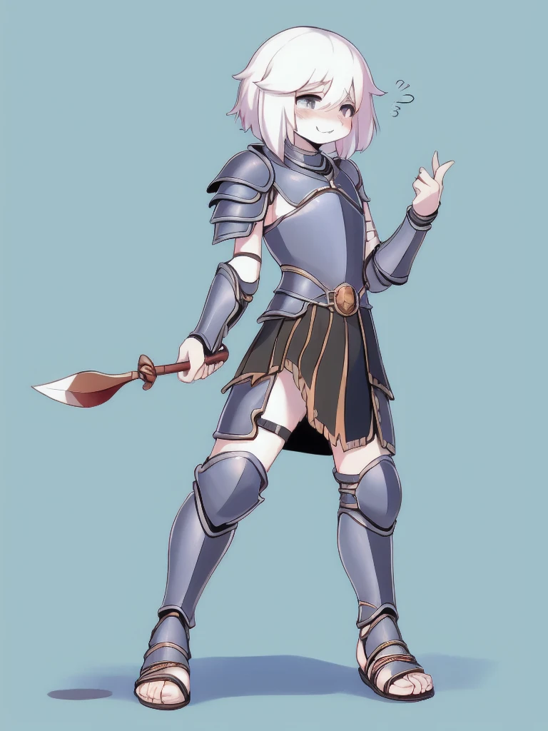 cute, shy, wearing full body plate armor, gladiator skirt, gladiator sandals, humanoid feet, holding a spear, nosebleed,bloody nose